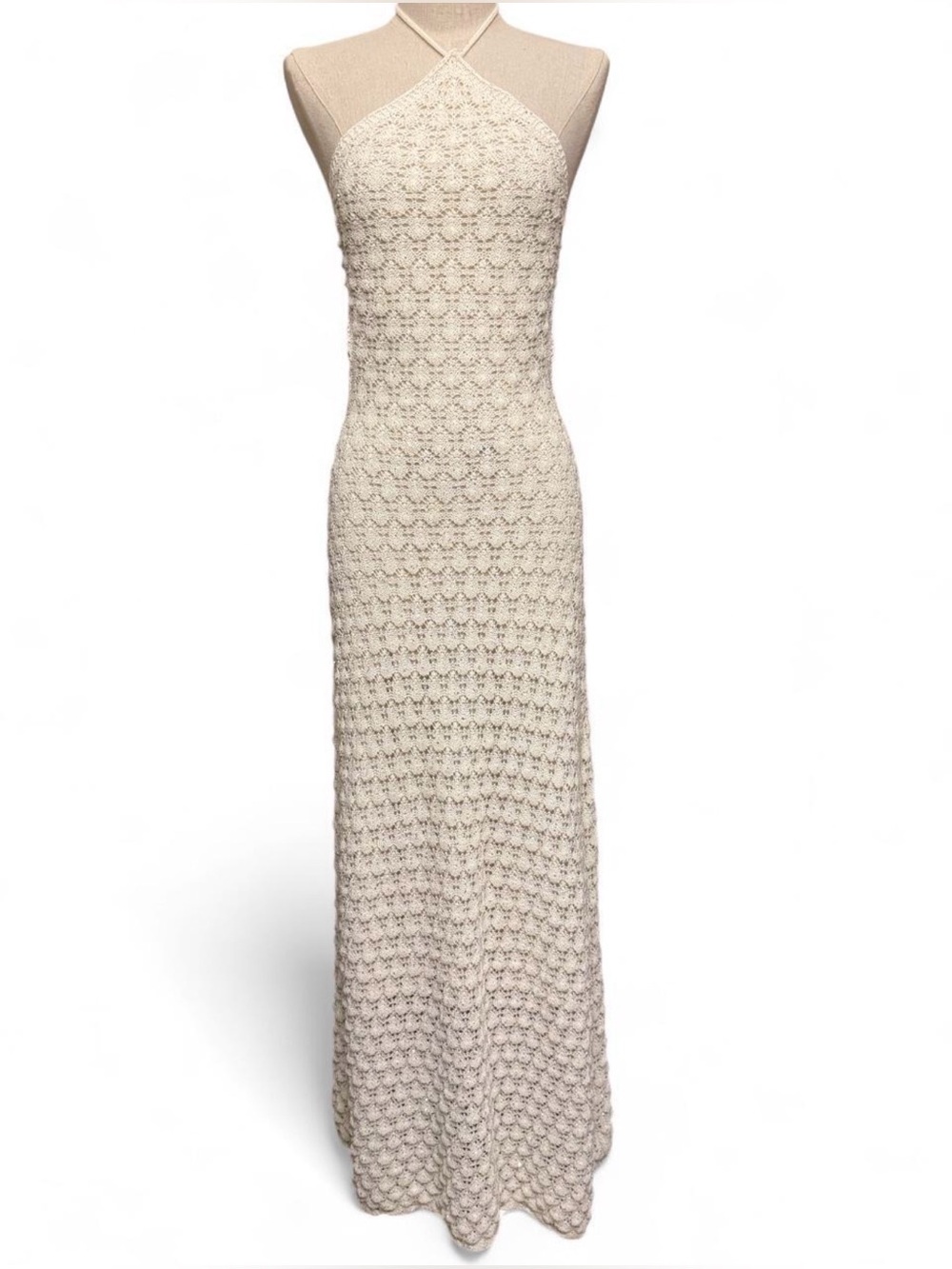 12th Tribe Crochet Maxi Sequin Cream Halter Dress Size Large